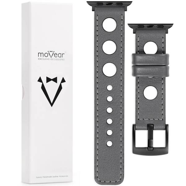 moVear Prestige R1 22mm Grau Lederarmband für Apple Watch 9 / 8 / 7 / 6 / 5 / 4 / SE (45/44mm) & Ultra (49mm) | Grau Nähte [Größen XS-XXL und Schnalle zur Auswahl]