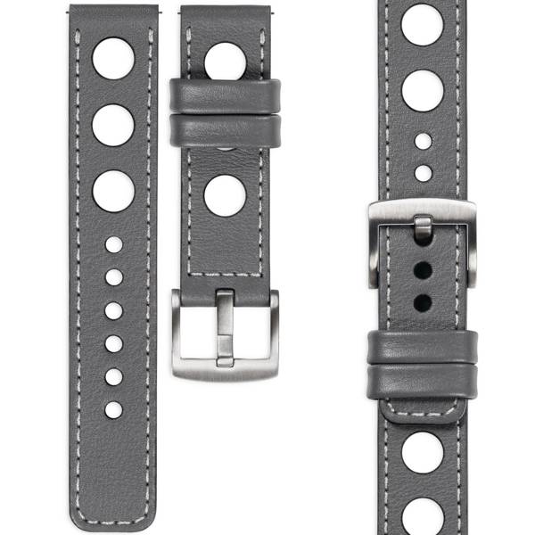 moVear Prestige R1 22mm Grau Lederarmband für Samsung Galaxy Watch 3 (45mm) / Watch (46mm) / Gear S3 | Grau Nähte [Größen XS-XXL und Schnalle zur Auswahl]