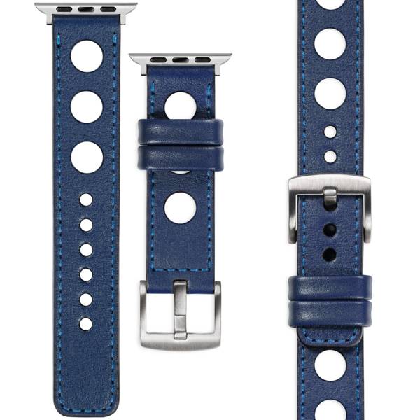 moVear Prestige R1 22mm Navy blau Lederarmband für Apple Watch 10 / 9 / 8 / 7 / 6 / 5 / 4 / SE (42/41/40mm) | Navy blau Nähte [Größen XS-XXL und Schnalle zur Auswahl]