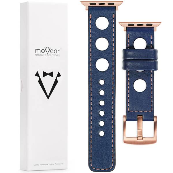 moVear Prestige R1 22mm Navy blau Lederarmband für Apple Watch 10 / 9 / 8 / 7 / 6 / 5 / 4 / SE (42/41/40mm) | Navy blau Nähte [Größen XS-XXL und Schnalle zur Auswahl]