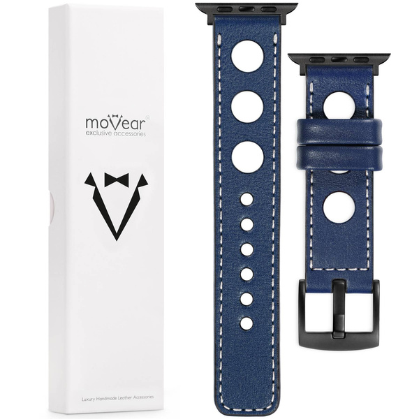 moVear Prestige R1 22mm Navy blau Lederarmband für Apple Watch 10 / 9 / 8 / 7 / 6 / 5 / 4 / SE (46/45/44mm) & Ultra (49mm) | Navy blau Nähte [Größen XS-XXL und Schnalle zur Auswahl]