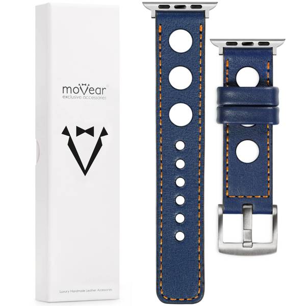 moVear Prestige R1 22mm Navy blau Lederarmband für Apple Watch 10 / 9 / 8 / 7 / 6 / 5 / 4 / SE (46/45/44mm) & Ultra (49mm) | Navy blau Nähte [Größen XS-XXL und Schnalle zur Auswahl]