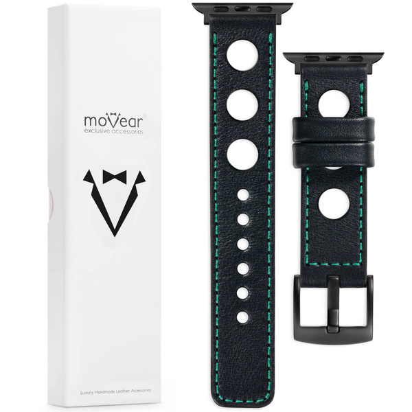 moVear Prestige R1 22mm Schwarz Lederarmband für Apple Watch 10 / 9 / 8 / 7 / 6 / 5 / 4 / SE (42/41/40mm) | Schwarz Nähte [Größen XS-XXL und Schnalle zur Auswahl]