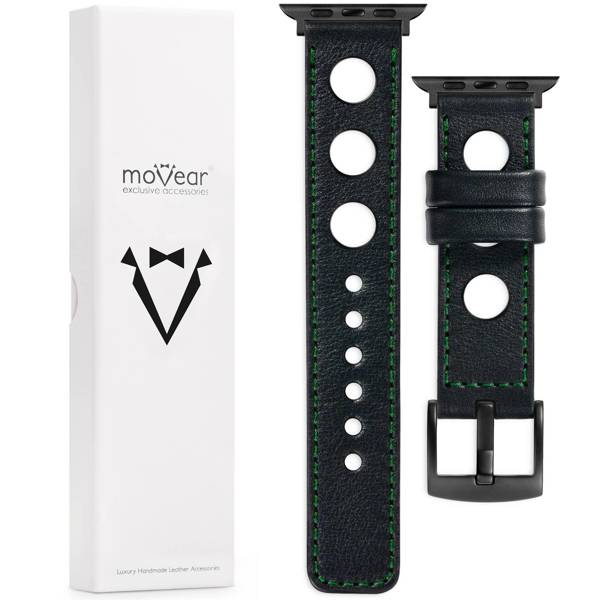 moVear Prestige R1 22mm Schwarz Lederarmband für Apple Watch 10 / 9 / 8 / 7 / 6 / 5 / 4 / SE (42/41/40mm) | Schwarz Nähte [Größen XS-XXL und Schnalle zur Auswahl]