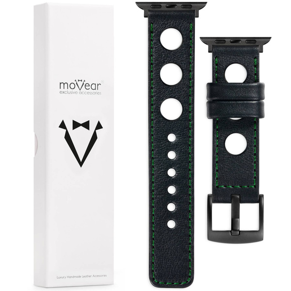 moVear Prestige R1 22mm Schwarz Lederarmband für Apple Watch 10 / 9 / 8 / 7 / 6 / 5 / 4 / SE (46/45/44mm) & Ultra (49mm) | Schwarz Nähte [Größen XS-XXL und Schnalle zur Auswahl]