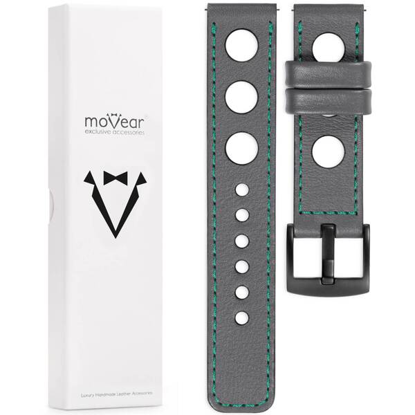 moVear Prestige R1 22mm Uhrenarmband aus Leder | Grau, Grau Nähte [Größen XS-XXL und Schnalle zur Auswahl]