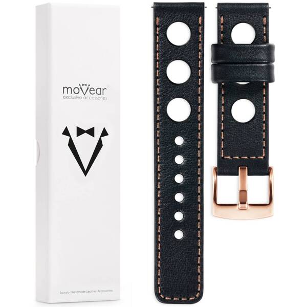 moVear Prestige R1 22mm Uhrenarmband aus Leder | Schwarz, Schwarz Nähte [Größen XS-XXL und Schnalle zur Auswahl]