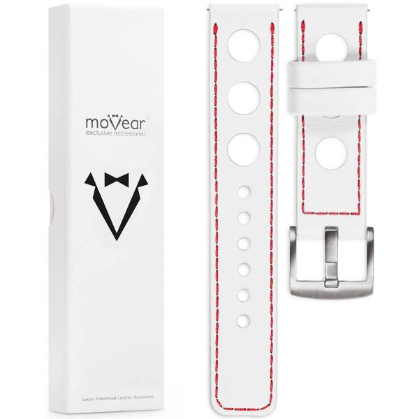 moVear Prestige R1 22mm Uhrenarmband aus Leder | Weiß, Weiß Nähte [Größen XS-XXL und Schnalle zur Auswahl]