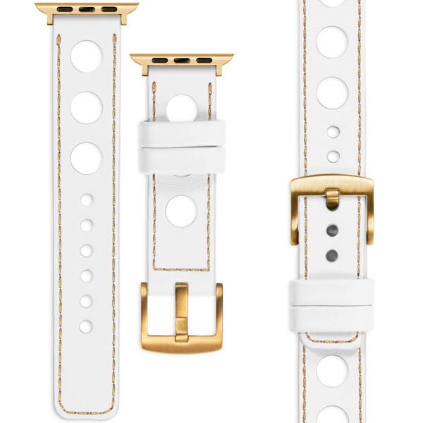 moVear Prestige R1 22mm Weiß Lederarmband für Apple Watch 9 / 8 / 7 / 6 / 5 / 4 / SE (41/40mm) | Weiß Nähte [Größen XS-XXL und Schnalle zur Auswahl]