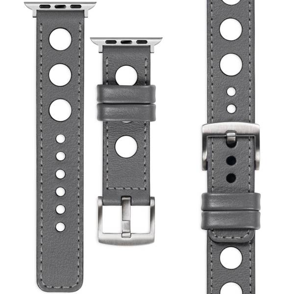 moVear Prestige R1 24mm Grau Lederarmband für Apple Watch 10 / 9 / 8 / 7 / 6 / 5 / 4 / SE (46/45/44mm) & Ultra (49mm) | Grau Nähte [Größen XS-XXL und Schnalle zur Auswahl]