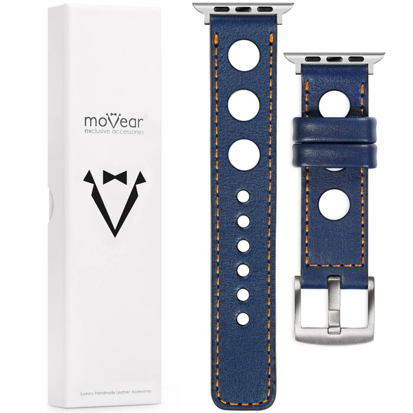 moVear Prestige R1 24mm Navy blau Lederarmband für Apple Watch 10 / 9 / 8 / 7 / 6 / 5 / 4 / SE (46/45/44mm) & Ultra (49mm) | Navy blau Nähte [Größen XS-XXL und Schnalle zur Auswahl]