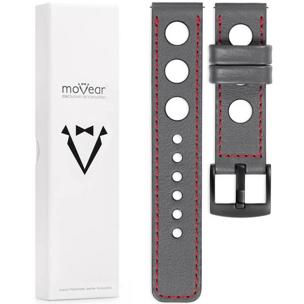 moVear Prestige R1 24mm Uhrenarmband aus Leder | Grau, Grau Nähte [Größen XS-XXL und Schnalle zur Auswahl]