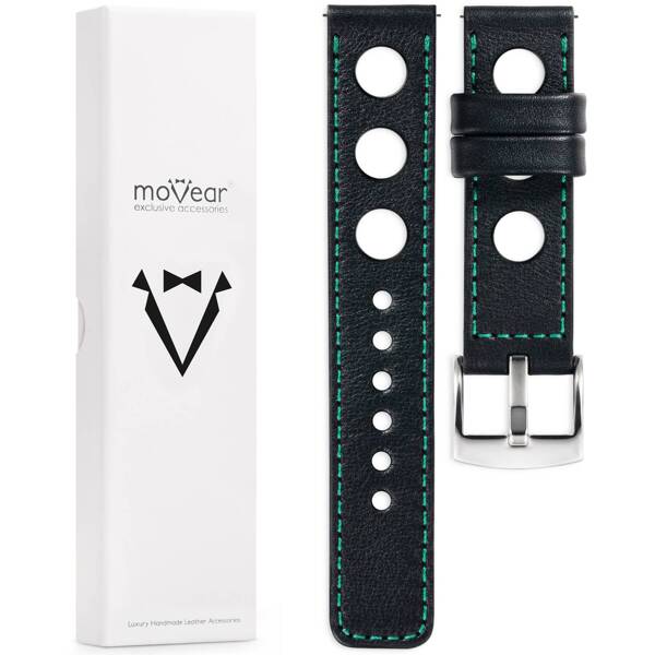 moVear Prestige R1 24mm Uhrenarmband aus Leder | Schwarz, Schwarz Nähte [Größen XS-XXL und Schnalle zur Auswahl]