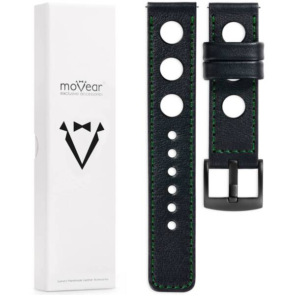 moVear Prestige R1 24mm Uhrenarmband aus Leder | Schwarz, Schwarz Nähte [Größen XS-XXL und Schnalle zur Auswahl]