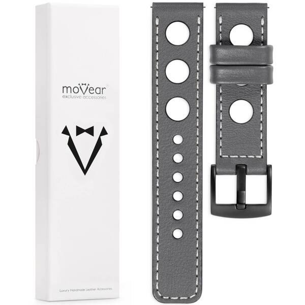 moVear Prestige R1 26mm Uhrenarmband aus Leder | Grau, Grau Nähte [Größen XS-XXL und Schnalle zur Auswahl]