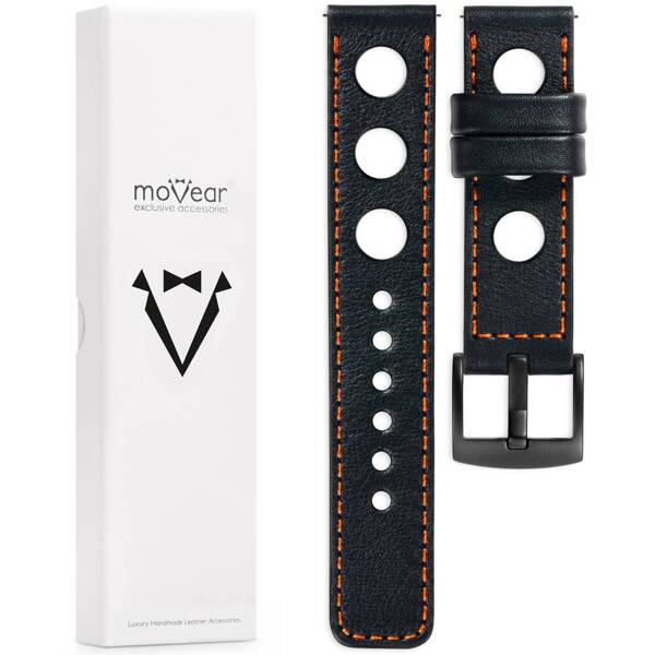 moVear Prestige R1 26mm Uhrenarmband aus Leder | Schwarz, Schwarz Nähte [Größen XS-XXL und Schnalle zur Auswahl]