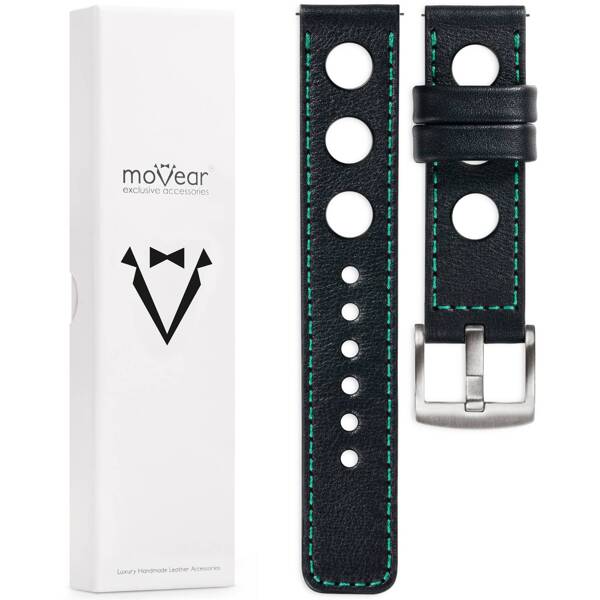 moVear Prestige R1 26mm Uhrenarmband aus Leder | Schwarz, Schwarz Nähte [Größen XS-XXL und Schnalle zur Auswahl]