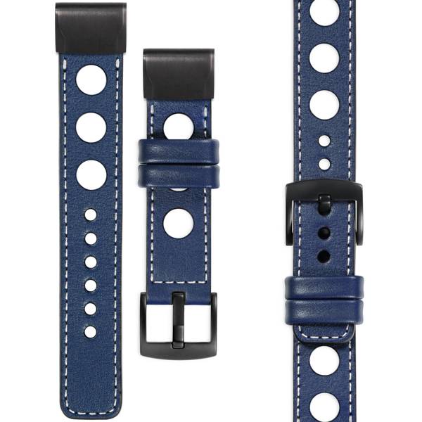 moVear Prestige R1 Lederarmband für Garmin QuickFit 20mm (Fenix / Instinct - 43/42/40mm) Navy blau, Navy blau Nähte [Größen XS-XXL und Schnalle zur Auswahl]