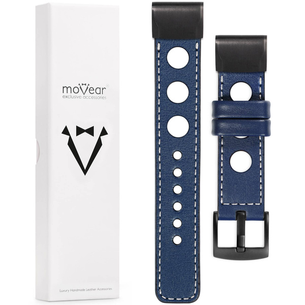 moVear Prestige R1 Lederarmband für Garmin QuickFit 22mm (Fenix / Forerunner / Epix / Instinct / Enduro / Quatix / MARQ - 47/45mm) Navy blau, Navy blau Nähte [Größen XS-XXL und Schnalle zur Auswahl]