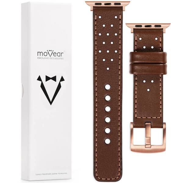 moVear Prestige R2 20mm Dunkelbraun Lederarmband für Apple Watch 10 / 9 / 8 / 7 / 6 / 5 / 4 / SE (42/41/40mm) | Dunkelbraun Nähte [Größen XS-XXL und Schnalle zur Auswahl]