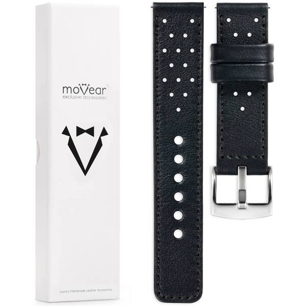 moVear Prestige R2 20mm Uhrenarmband aus Leder | Schwarz, Schwarz Nähte [Größen XS-XXL und Schnalle zur Auswahl]