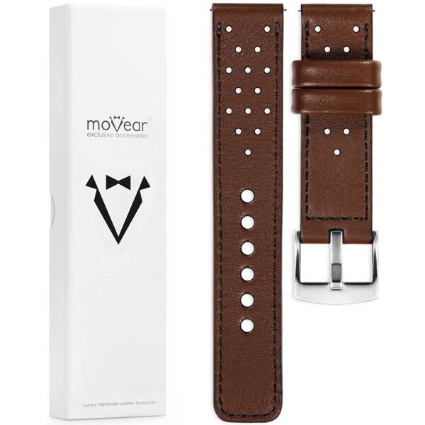 moVear Prestige R2 22mm Uhrenarmband aus Leder | Dunkelbraun, Dunkelbraun Nähte [Größen XS-XXL und Schnalle zur Auswahl]