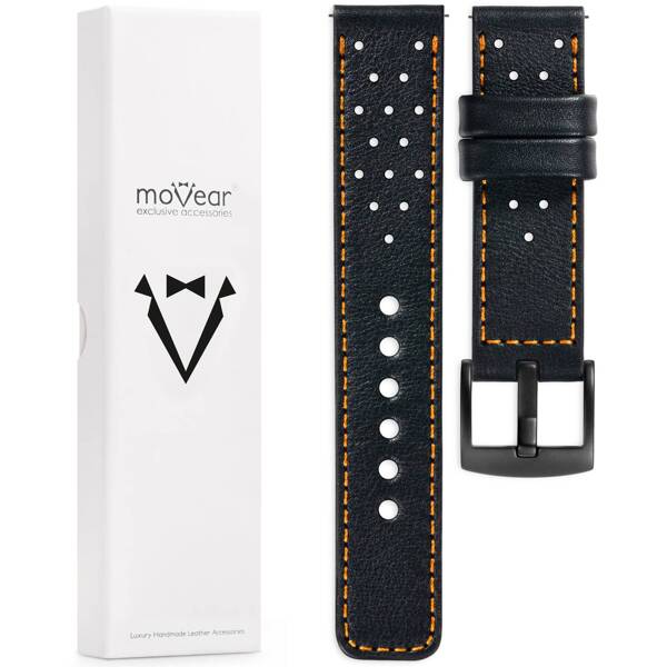 moVear Prestige R2 26mm Uhrenarmband aus Leder | Schwarz, Schwarz Nähte [Größen XS-XXL und Schnalle zur Auswahl]