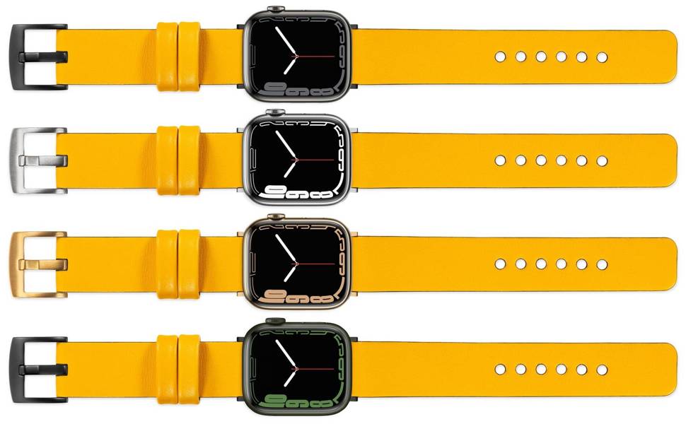 moVear Prestige S1 18mm Lederarmband für Apple Watch 10 / 9 / 8 / 7 / 6 / 5 / 4 / SE (46/45/44mm) & Ultra (49mm) Gelb [Adapter und Schnalle zur Auswahl]