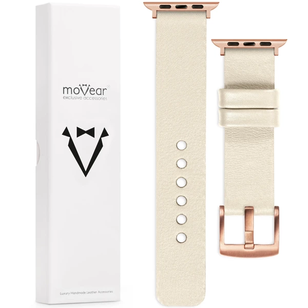 moVear Prestige S1 20mm Lederarmband für Apple Watch 10 / 9 / 8 / 7 / 6 / 5 / 4 / SE (42/41/40mm) Beige [Adapter und Schnalle zur Auswahl]