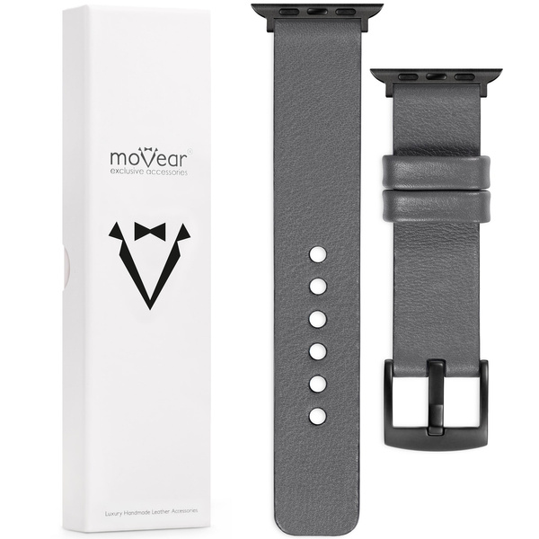 moVear Prestige S1 20mm Lederarmband für Apple Watch 9 / 8 / 7 / 6 / 5 / 4 / SE (41/40mm) Grau [Adapter und Schnalle zur Auswahl]