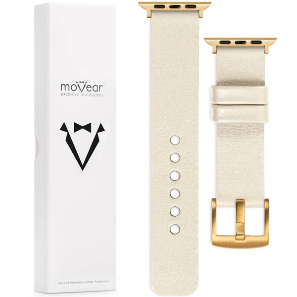 moVear Prestige S1 22mm Lederarmband für Apple Watch 10 / 9 / 8 / 7 / 6 / 5 / 4 / SE (42/41/40mm) Beige [Adapter und Schnalle zur Auswahl]