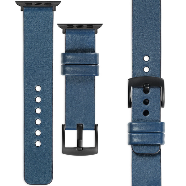 moVear Prestige S1 22mm Lederarmband für Apple Watch 10 / 9 / 8 / 7 / 6 / 5 / 4 / SE (42/41/40mm) Blaue Jeans [Adapter und Schnalle zur Auswahl]