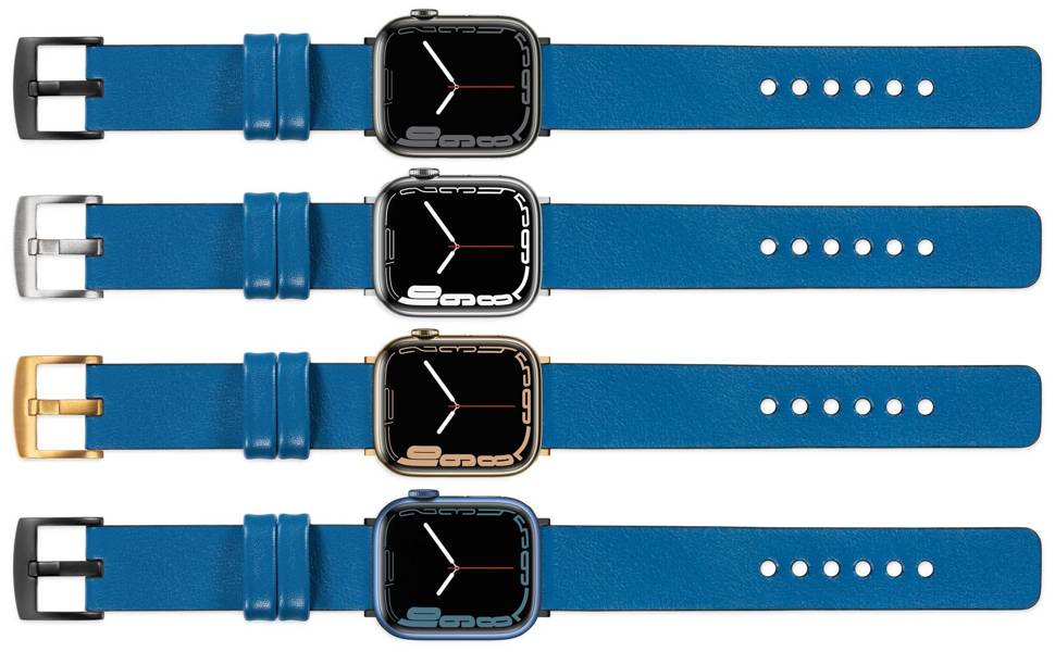 moVear Prestige S1 22mm Lederarmband für Apple Watch 10 / 9 / 8 / 7 / 6 / 5 / 4 / SE (46/45/44mm) & Ultra (49mm) Blau [Adapter und Schnalle zur Auswahl]