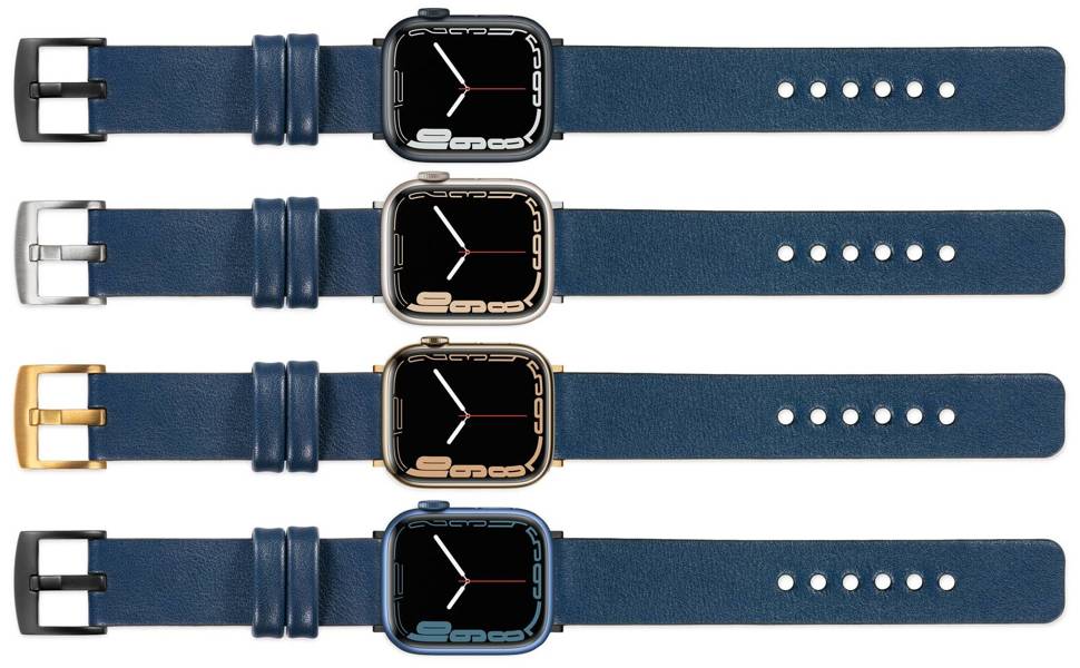 moVear Prestige S1 22mm Lederarmband für Apple Watch 10 / 9 / 8 / 7 / 6 / 5 / 4 / SE (46/45/44mm) & Ultra (49mm) Navy blau [Adapter und Schnalle zur Auswahl]