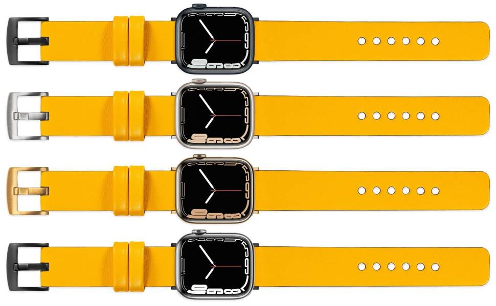 moVear Prestige S1 22mm Lederarmband für Apple Watch 9 / 8 / 7 / 6 / 5 / 4 / SE (41/40mm) Gelb [Adapter und Schnalle zur Auswahl]