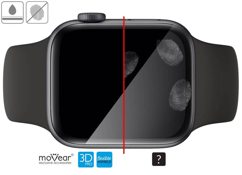 moVear flexible mSHIELD 3D PRO für Apple Watch 6/5/4/SE (44mm) (1.78"). Gepanzertes Hybridglas.