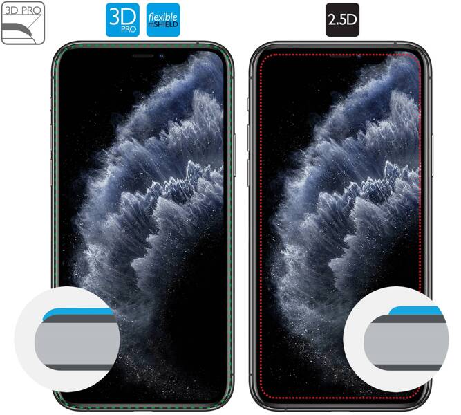 moVear flexible mSHIELD 3D PRO für Apple iPhone 11 Pro / Xs / X (5.8"). Gepanzertes Hybridglas.