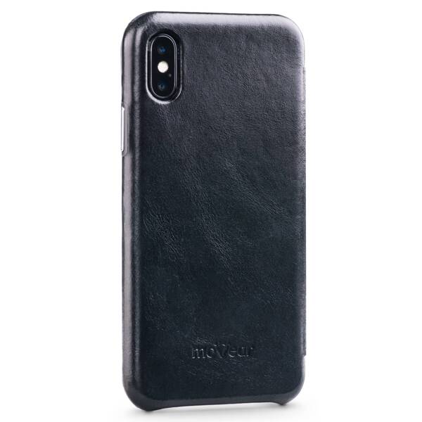 moVear flipSide S Ledertasche für Apple iPhone Xs / X (5.8") | Glatte Leder, Handy Hülle book type (Schwarz)