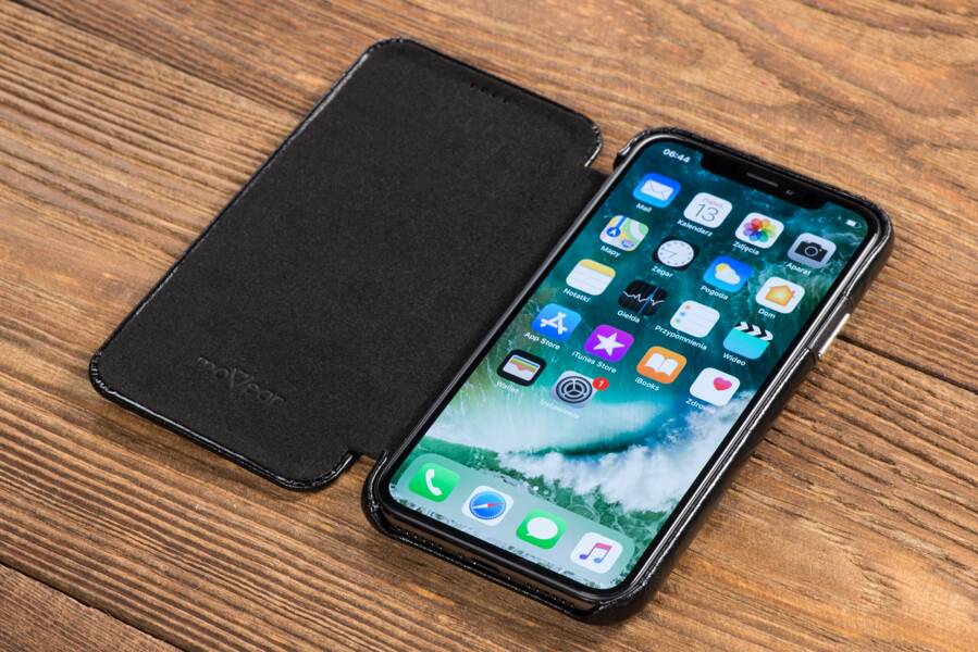 moVear flipSide S Ledertasche für Apple iPhone Xs / X (5.8") | Glatte Leder, Handy Hülle book type (Schwarz)