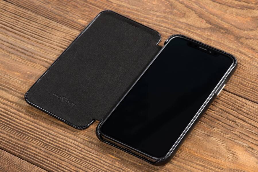 moVear flipSide S Ledertasche für Apple iPhone Xs / X (5.8") | Glatte Leder, Handy Hülle book type (Schwarz)