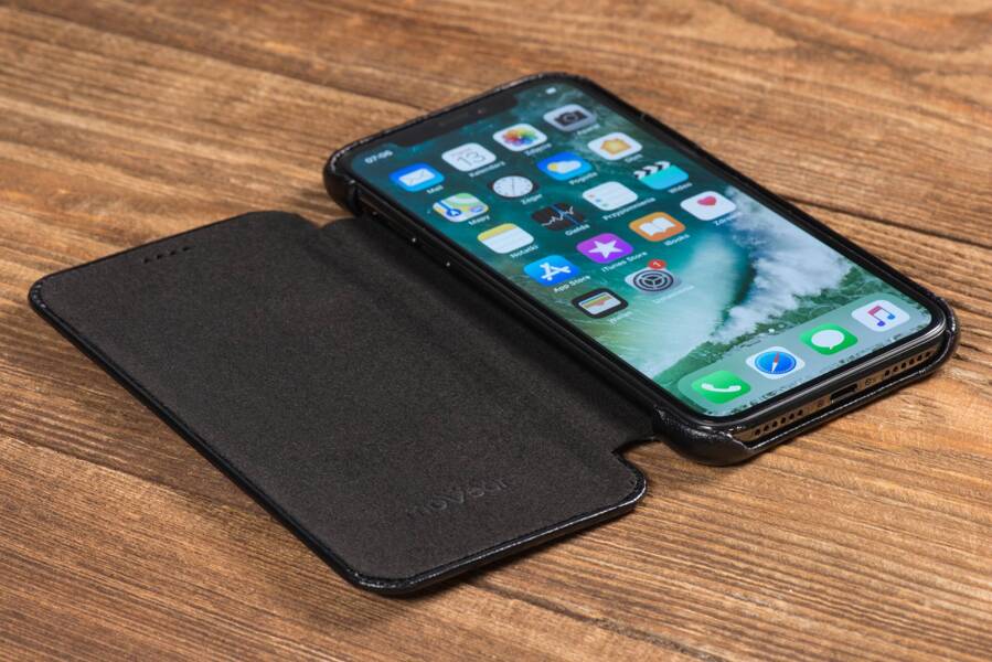 moVear flipSide S Ledertasche für Apple iPhone Xs / X (5.8") | Glatte Leder, Handy Hülle book type (Schwarz)