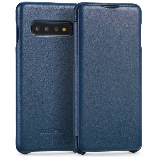 moVear flipSide S Ledertasche für Samsung Galaxy S10 (6.1") | Glatte Leder, Handy Hülle book type (Blau)