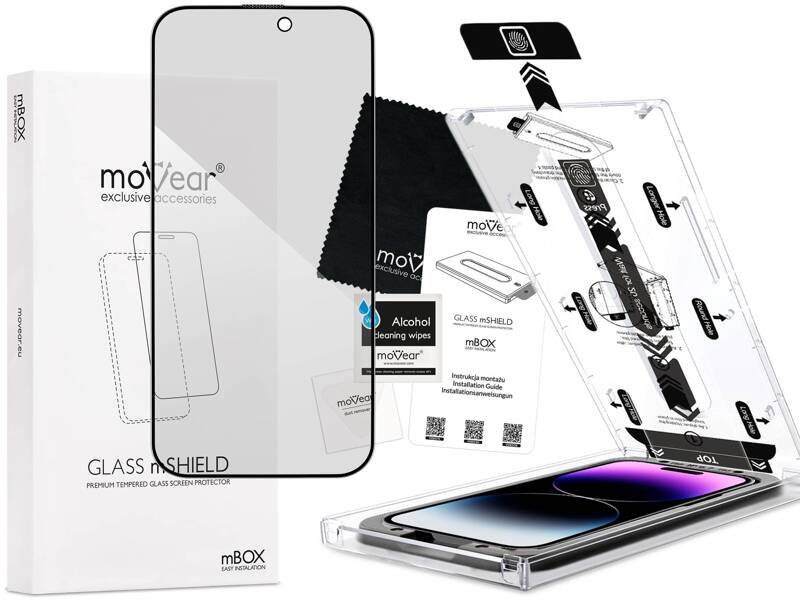 moVear mBOX GLASS mSHIELD 2.5D MAX privacy für Apple iPhone 14 Pro Max (6.7") (Anti-Spionage, mit Applikator)