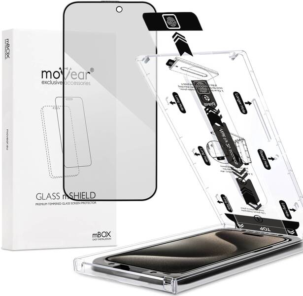 moVear mBOX GLASS mSHIELD 2.5D MAX privacy für Apple iPhone 15 Pro (6.1") (Anti-Spionage, mit Applikator)