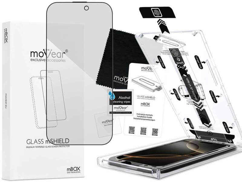 moVear mBOX GLASS mSHIELD 2.5D MAX privacy für Apple iPhone 16 Pro (6.3") (Anti-Spionage, mit Applikator)