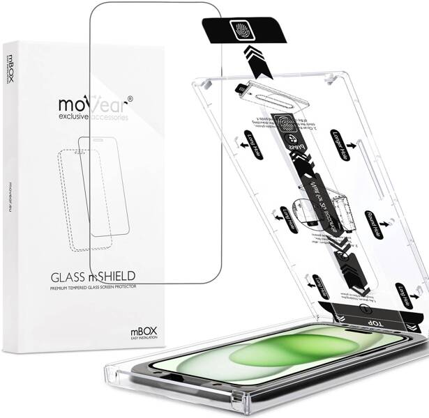 moVear mBOX GLASS mSHIELD 2.5D für Apple iPhone 16/15 Plus / 15 Pro Max (6.7") (einfache Installation)