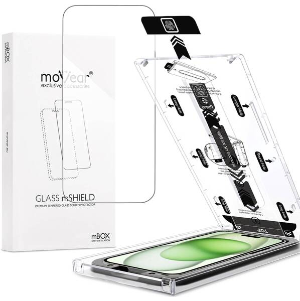 moVear mBOX GLASS mSHIELD 2.5D für Apple iPhone 16/15 Plus / 15 Pro Max (6.7") (einfache Installation)