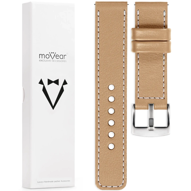 moVear Prestige C1 20mm Uhrenarmband aus Leder | Cappuccino, Cappuccino Nähte [Größen XS-XXL und Schnalle zur Auswahl]