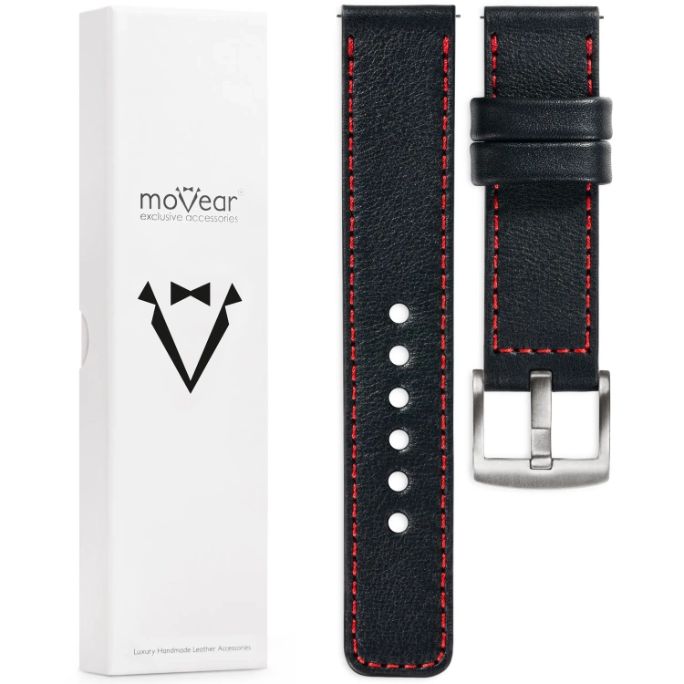 moVear Prestige C1 19mm Uhrenarmband aus Leder | Schwarz, Schwarz Nähte [Größen XS-XXL und Schnalle zur Auswahl]
