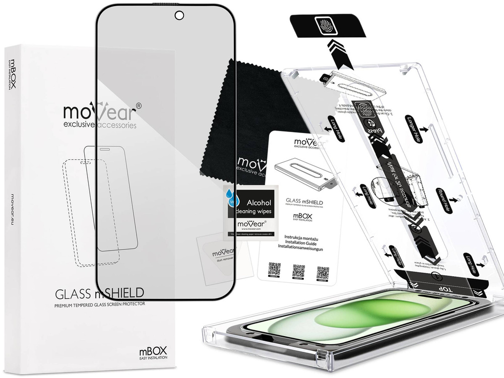 moVear mBOX GLASS mSHIELD 2.5D MAX privacy für Apple iPhone 16 Plus / 15 Plus (6.7") (Anti-Spionage, mit Applikator)